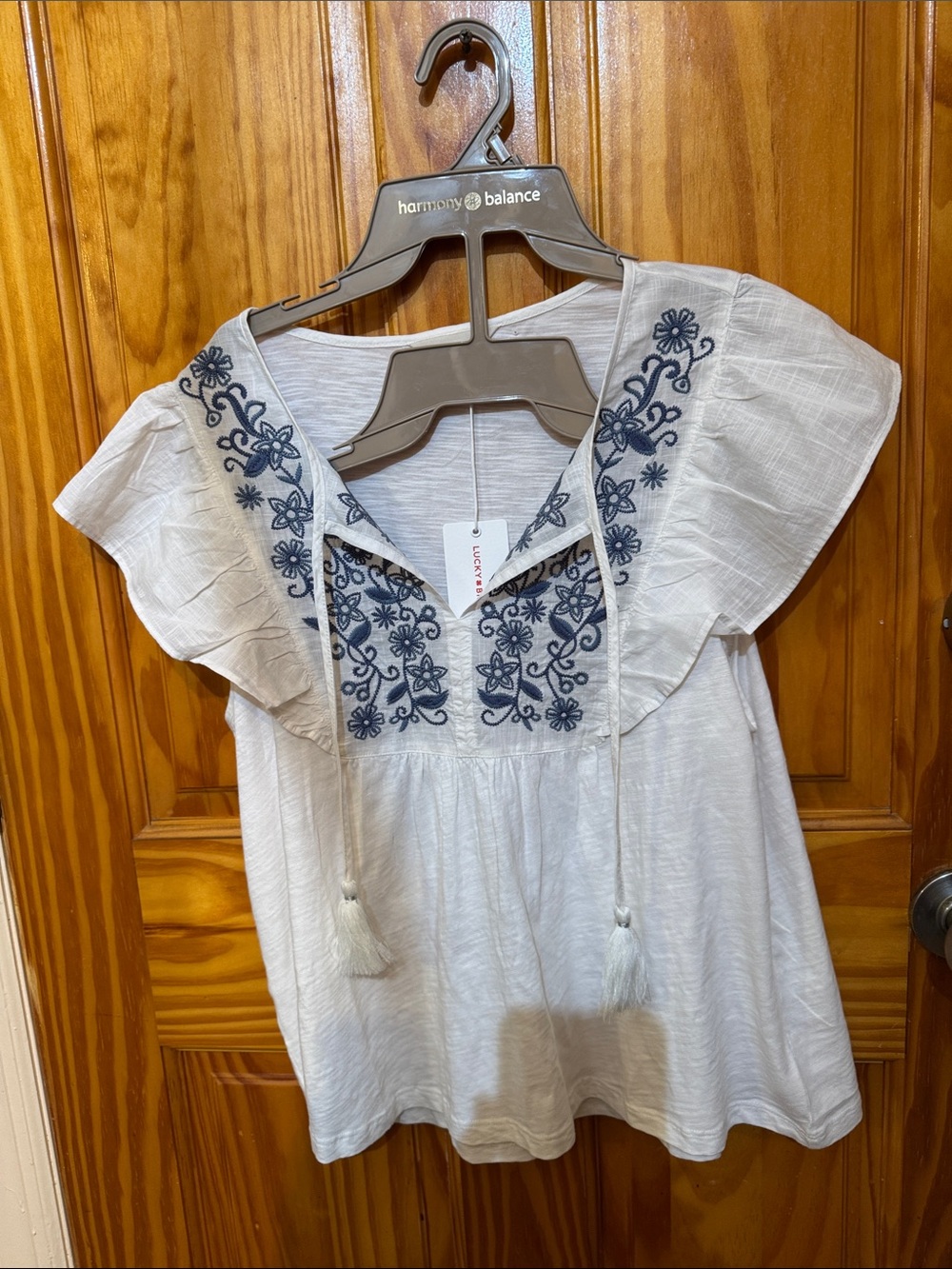 Lucky Brand White Peasant Top with Navy Floral Embroidery